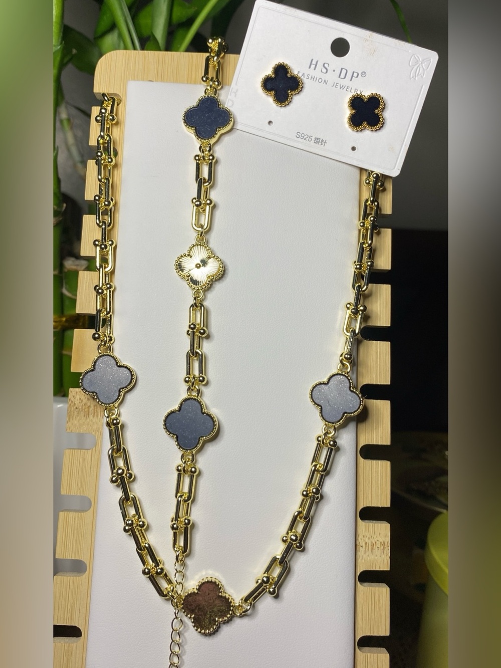 Gold color-tone Necklace and Earrings Set with Blue Clover Accents good quality.